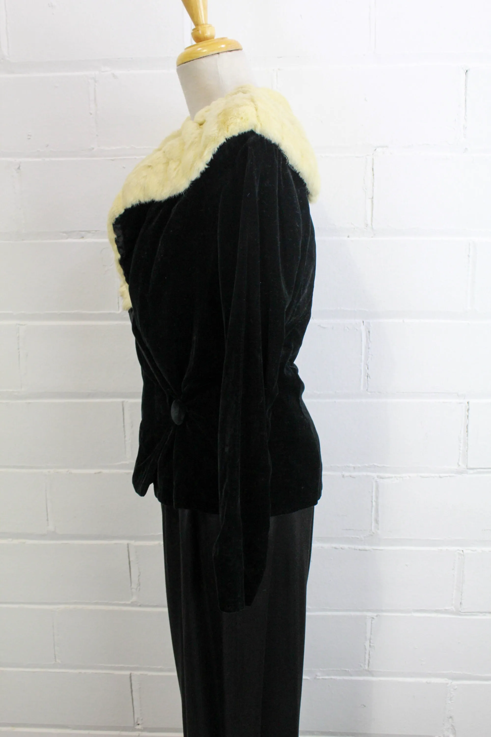 1930s Black Velvet Jacket with Fur Collar, Small