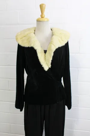 1930s Black Velvet Jacket with Fur Collar, Small