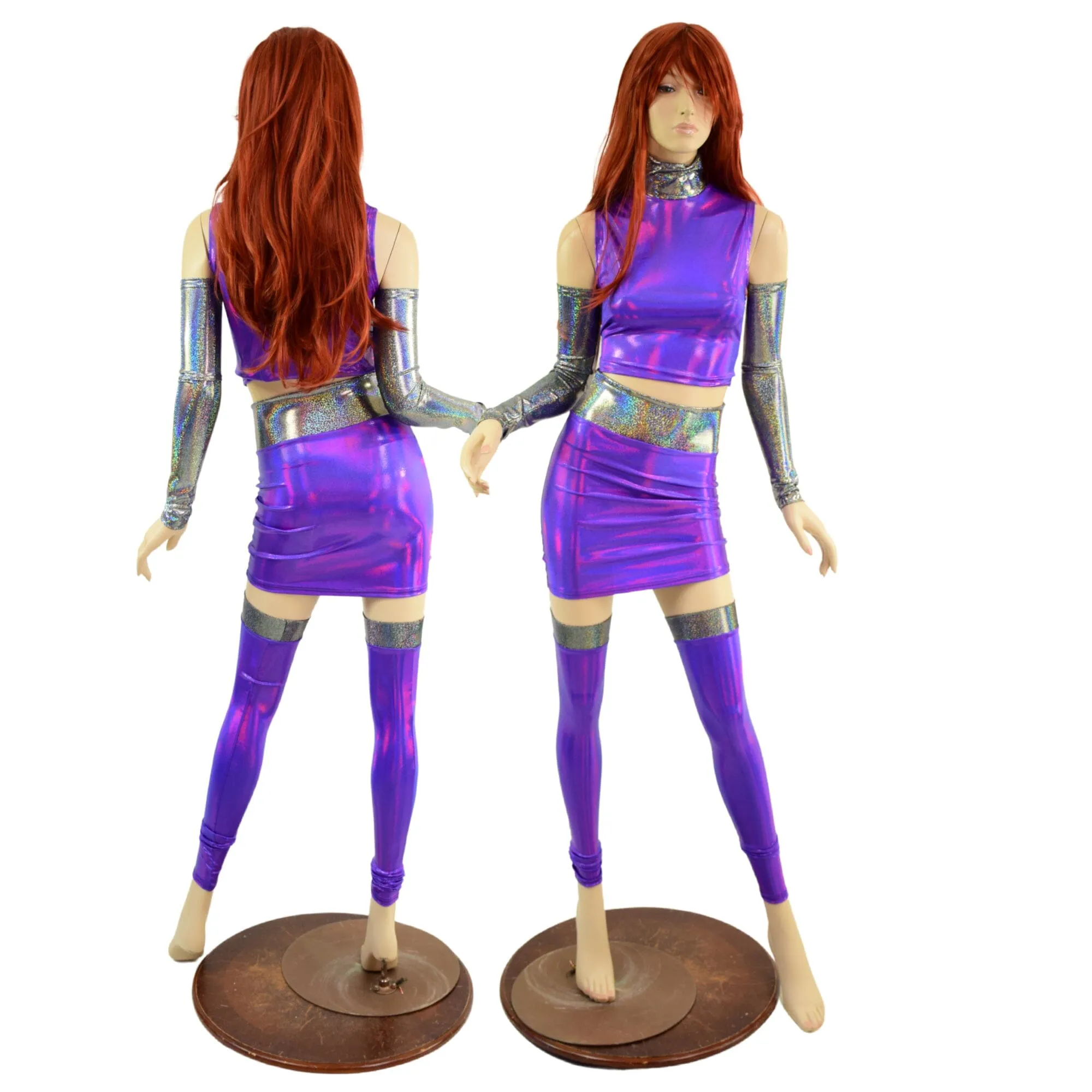 6PC Purple Crop Top & Skirt Set with Silver Holo Trim and Arm & Leg Warmers