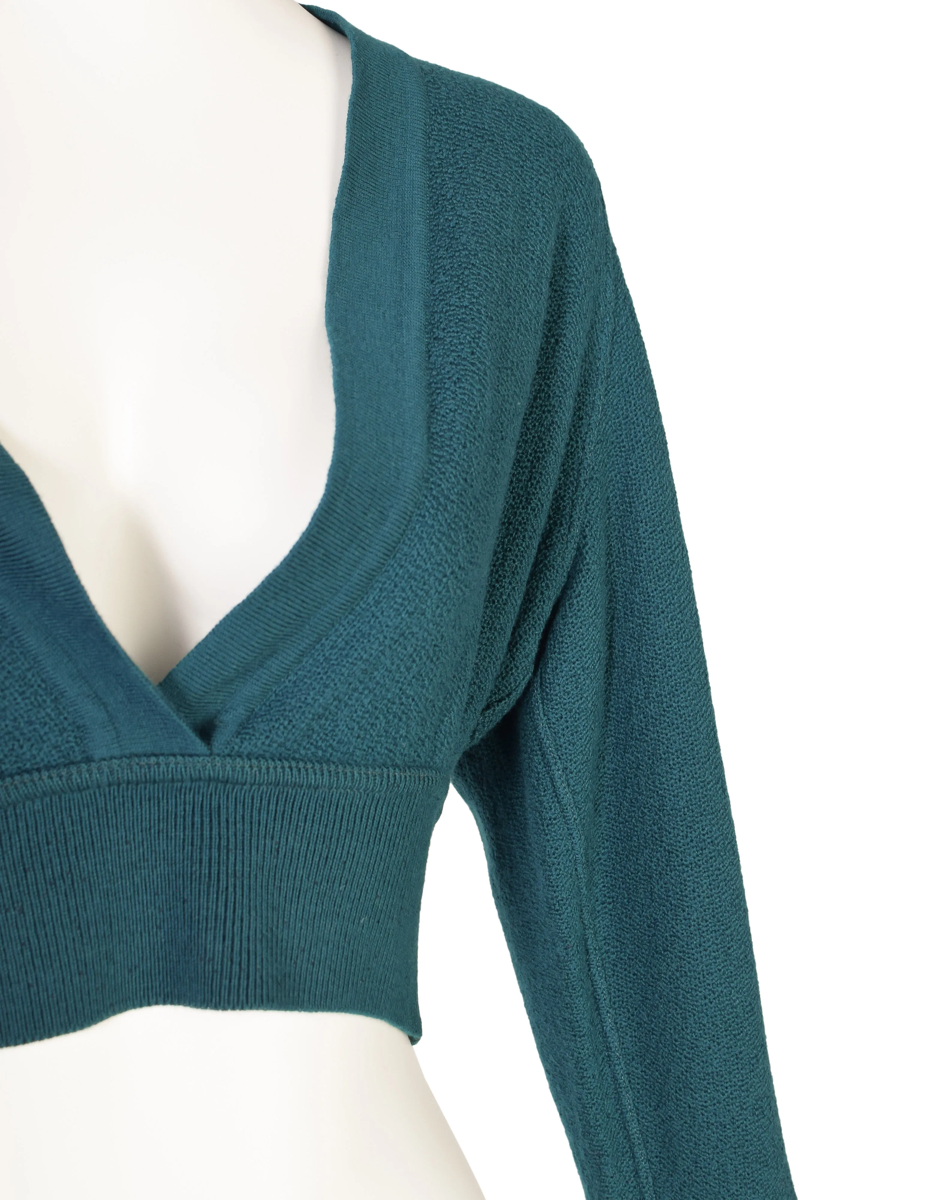 Alaia Vintage Deep Teal Green Deep V Cropped Knit Wool Sweater