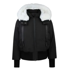 Black White Fur Hood and Rib Waist Bomber