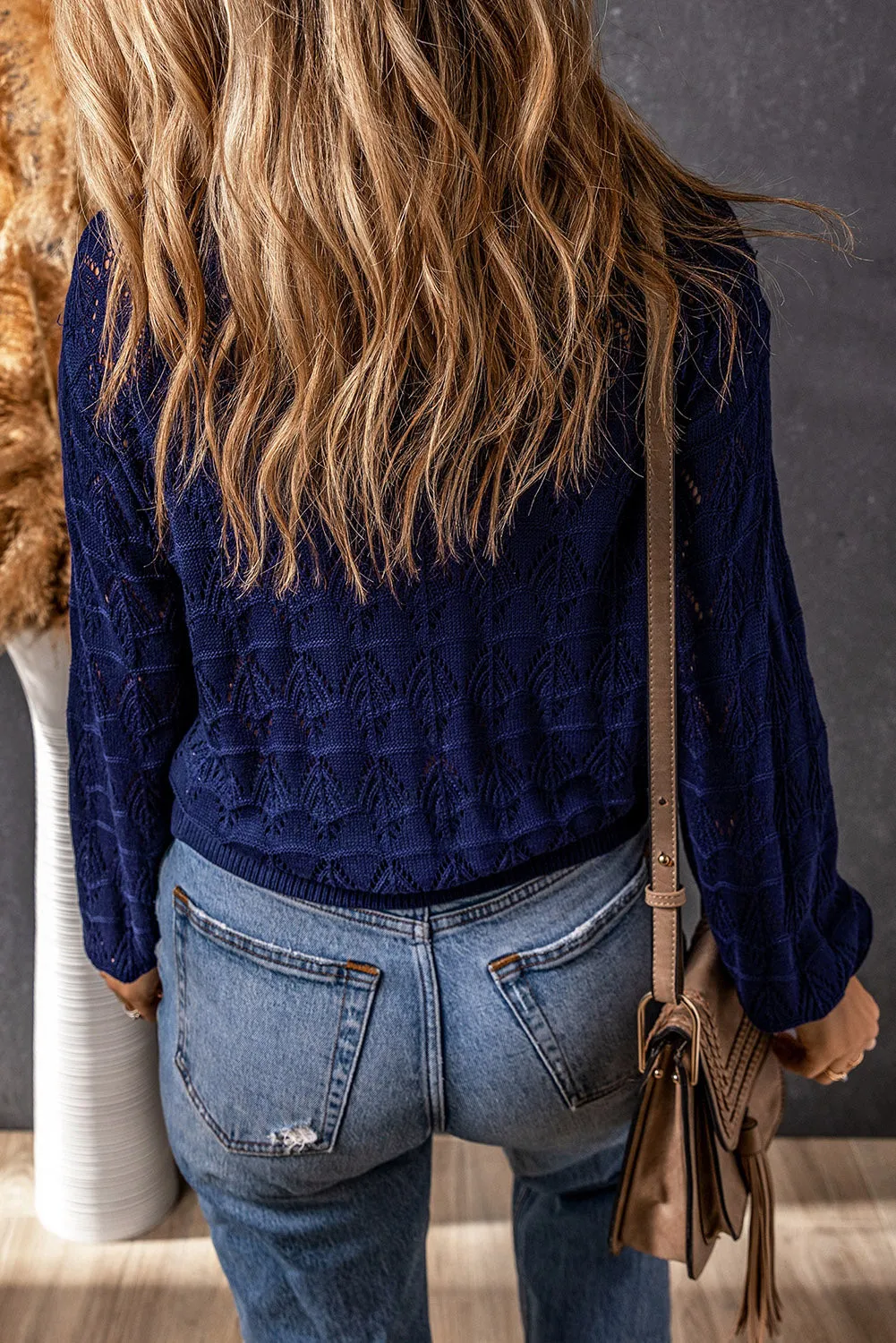 Blue Crochet Hollow-Out Cardigan with Buttoned Front