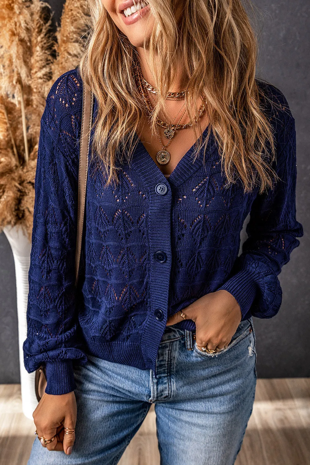 Blue Crochet Hollow-Out Cardigan with Buttoned Front