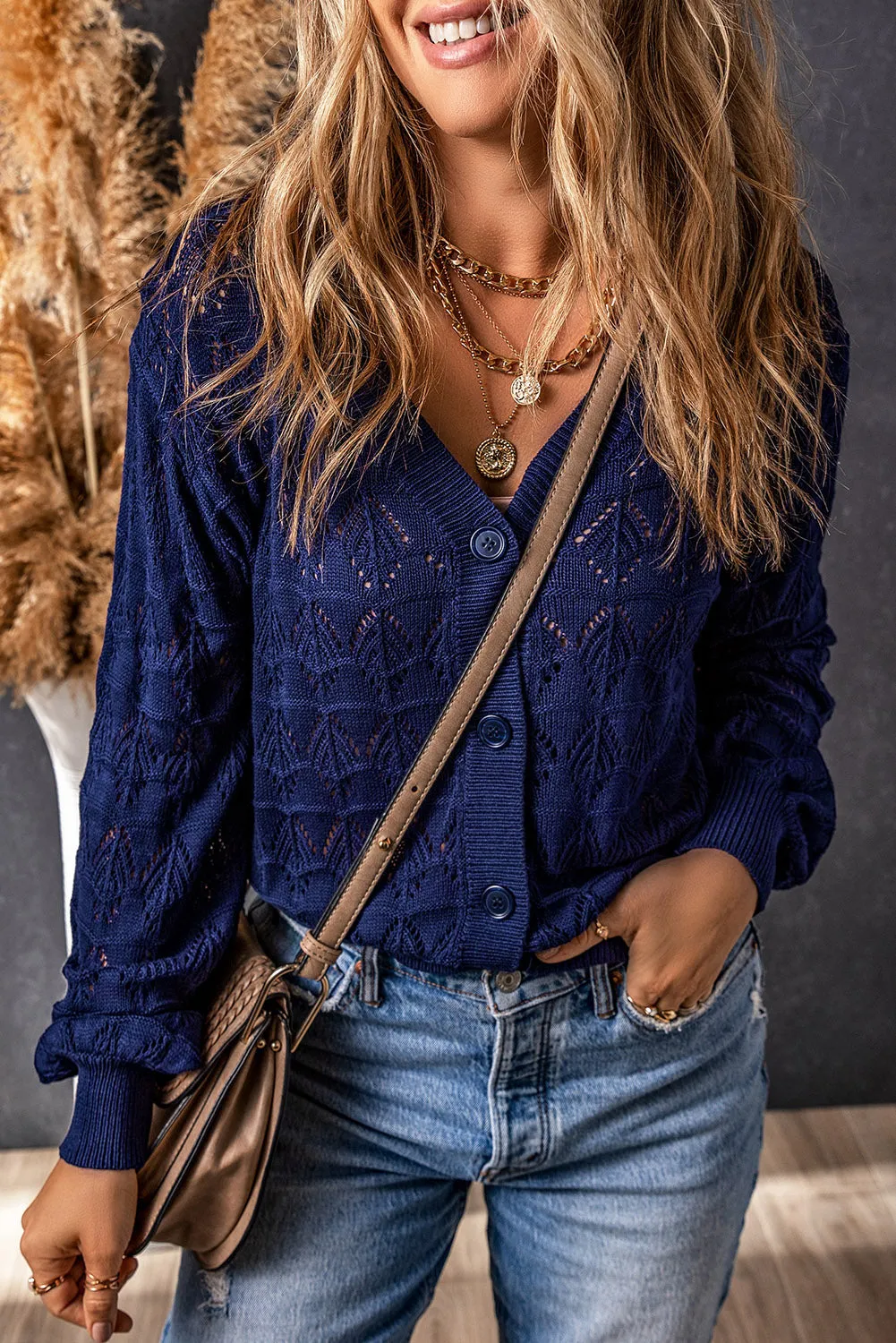 Blue Crochet Hollow-Out Cardigan with Buttoned Front