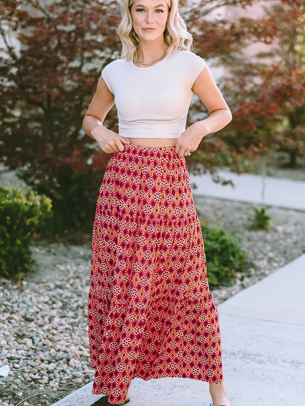 Bohemian Rose Vintage Floral Tiered Maxi Skirt