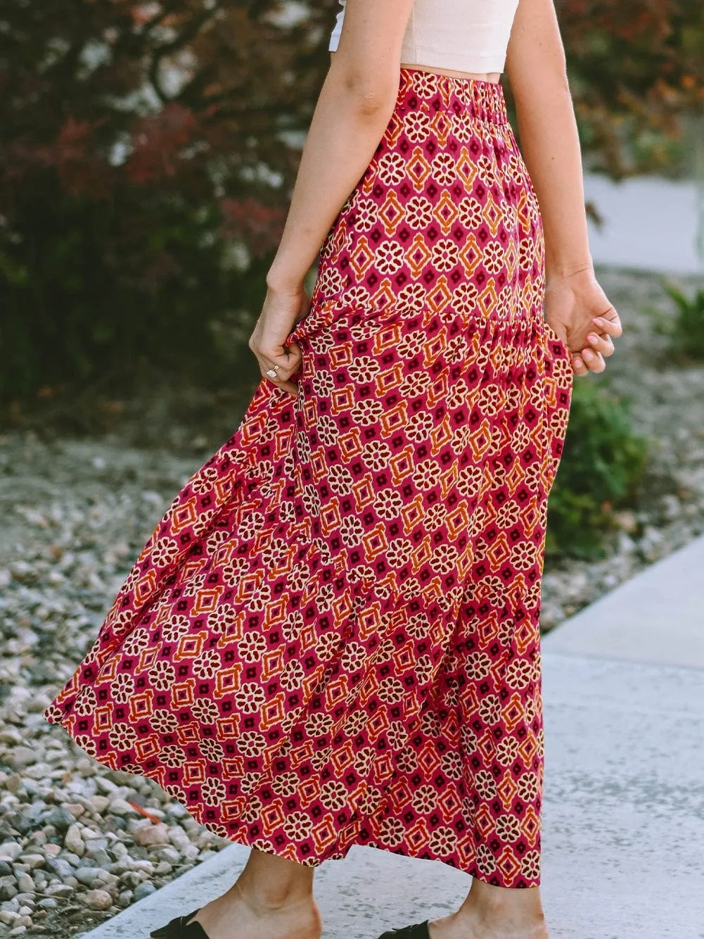 Bohemian Rose Vintage Floral Tiered Maxi Skirt