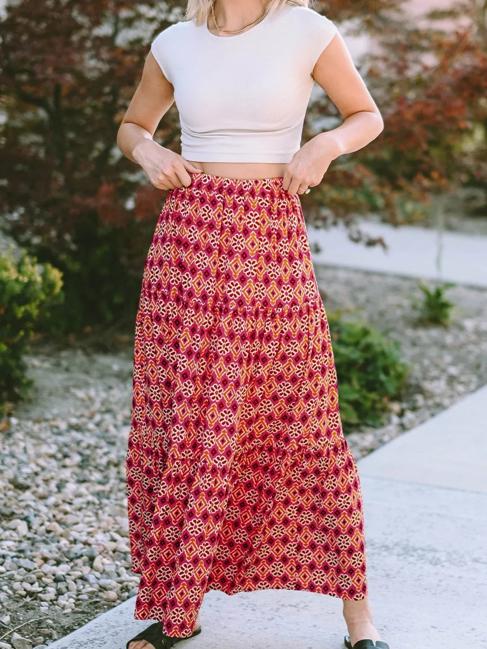 Bohemian Rose Vintage Floral Tiered Maxi Skirt