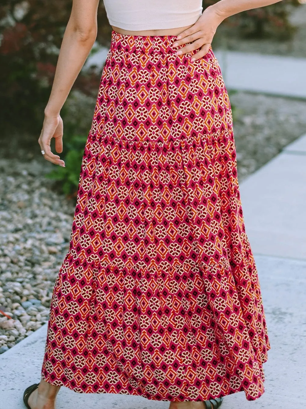 Bohemian Rose Vintage Floral Tiered Maxi Skirt