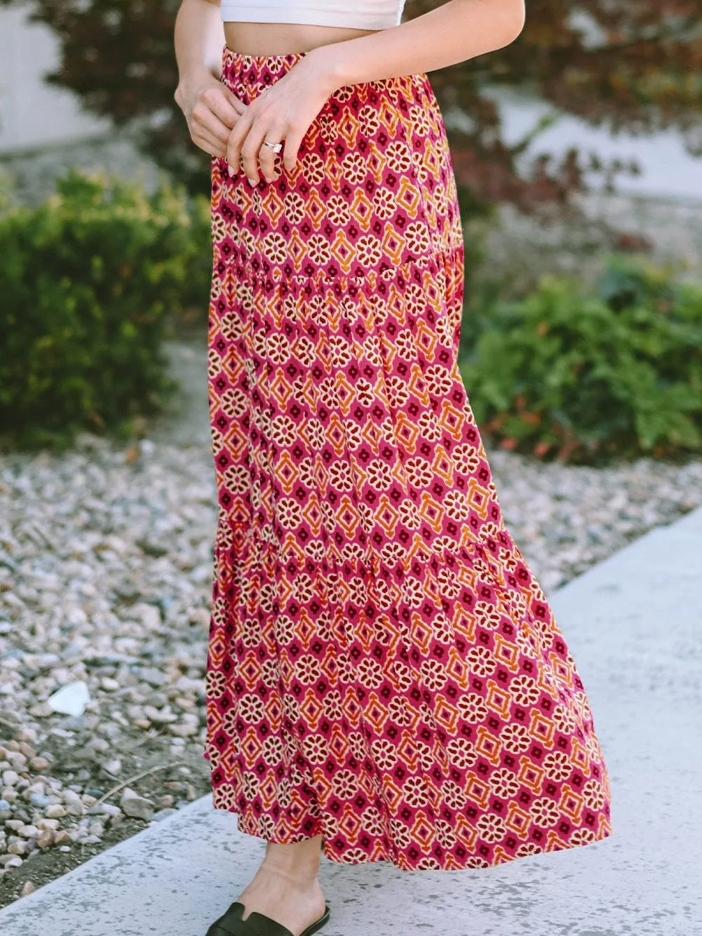 Bohemian Rose Vintage Floral Tiered Maxi Skirt