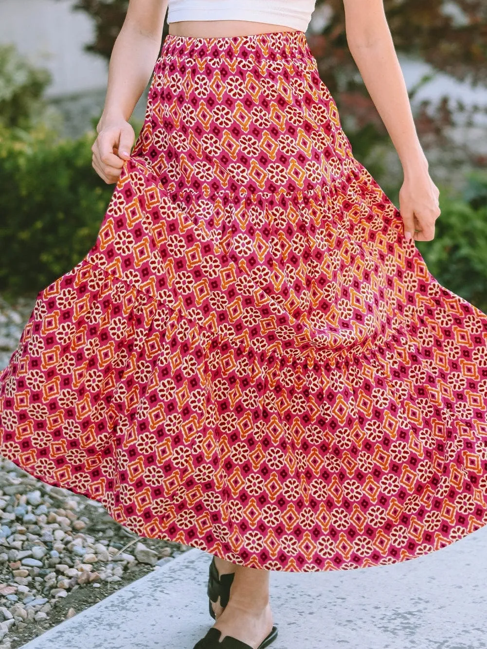 Bohemian Rose Vintage Floral Tiered Maxi Skirt