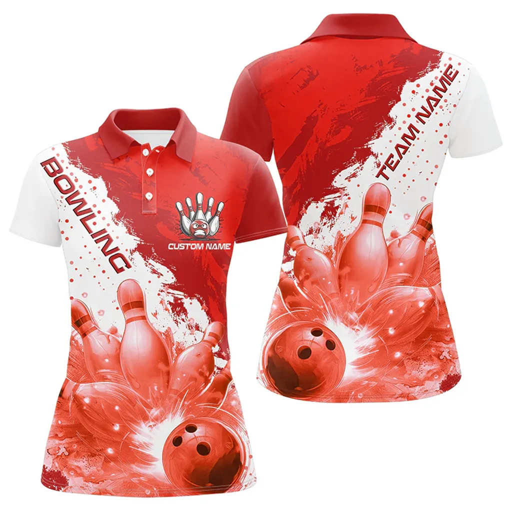 Bowling And Pins Flame Strike Multicolor Option Customized Name 3D Polo Shirt For Women