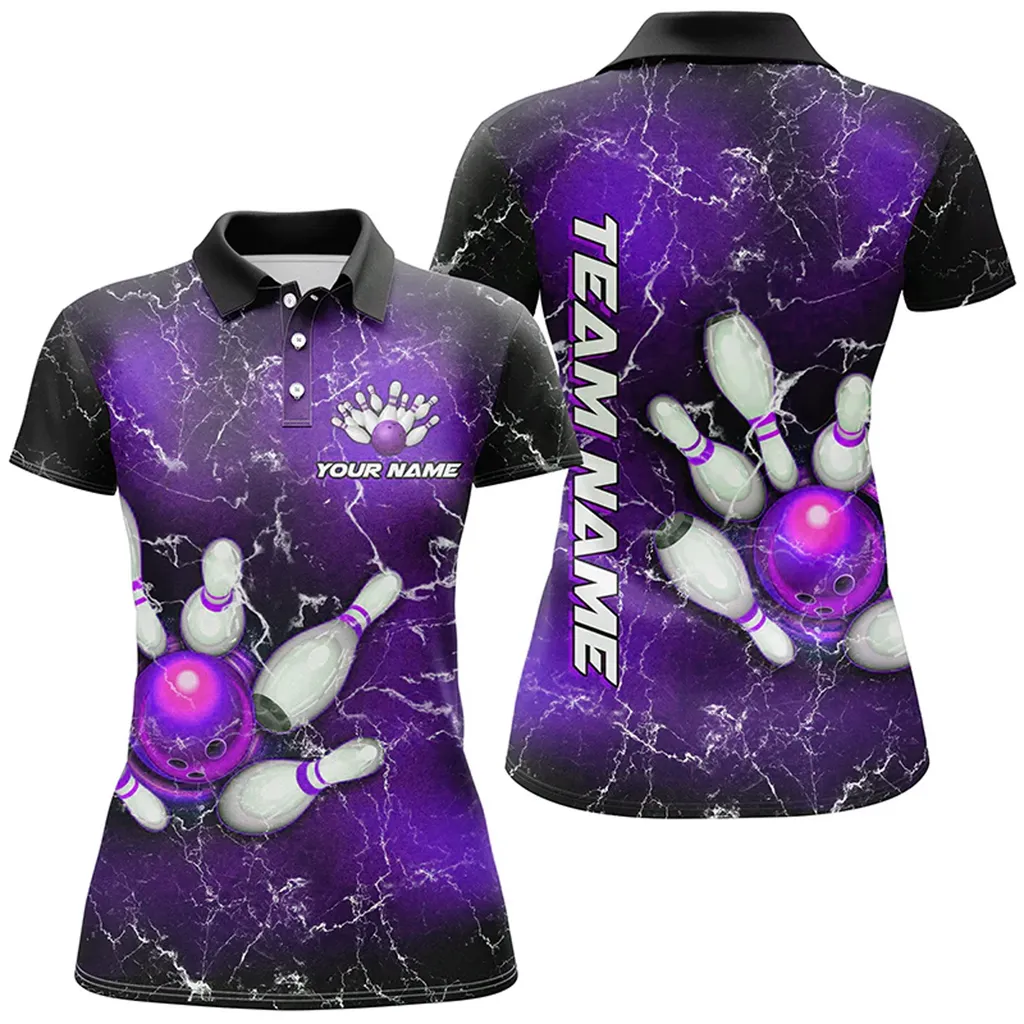 Bowling And Pins Lightning Thunder Multicolor Option Customized Name 3D Polo Shirt For Women