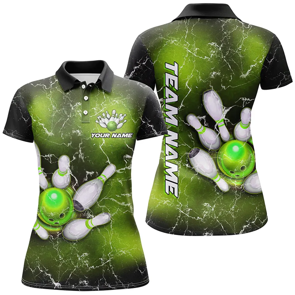 Bowling And Pins Lightning Thunder Multicolor Option Customized Name 3D Polo Shirt For Women