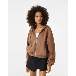 Bsk Brown Cropped Zip Up Hoodie