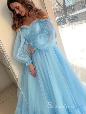 Chic A-line Off-the-shoulder Long Prom Dresses Long Sleeve Elegant Evening Gowns MHL143