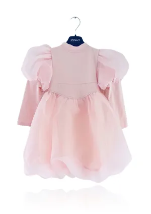 DOLLY WORLD PUFF LONG SLEEVE BALLOON ORGANZA DRESS WITH COTTON BODY dollypink