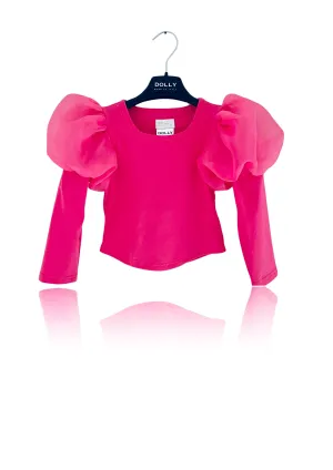 DOLLY WORLD PUFF LONG SLEEVE ORGANZA TOP WITH COTTON BODY barbiepink