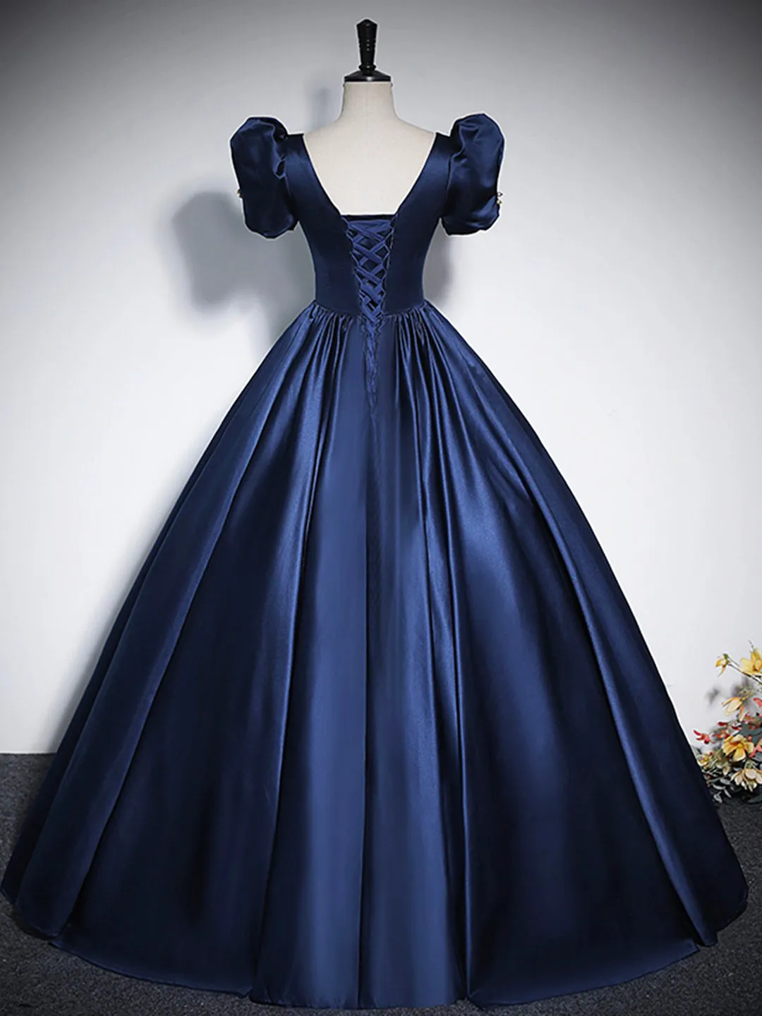 Elegant Blue Satin Floor-Length Prom Dresses Square Neckline Puffy Short Sleeve Bow Formal Dresses