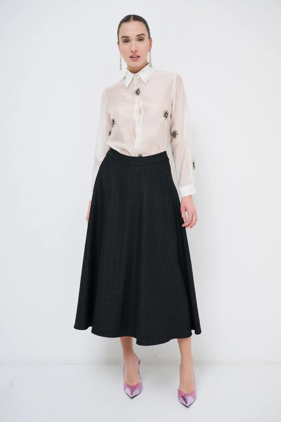 Flared midi skirt with subtle plaid texture wholesale