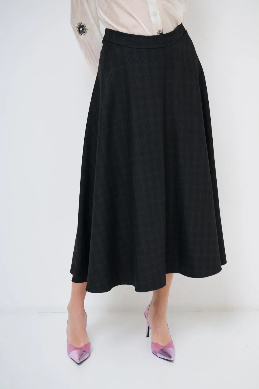 Flared midi skirt with subtle plaid texture wholesale