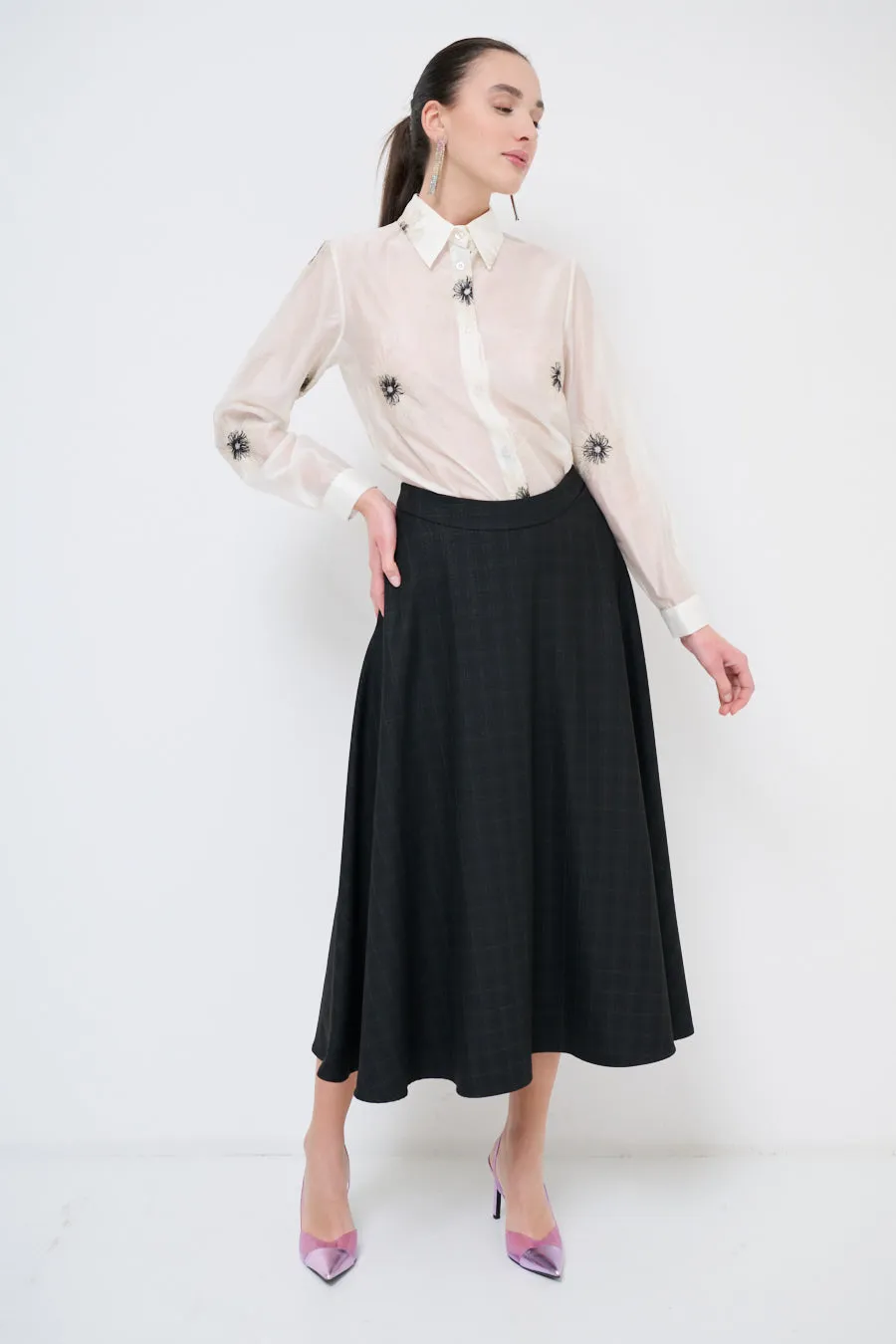 Flared midi skirt with subtle plaid texture wholesale