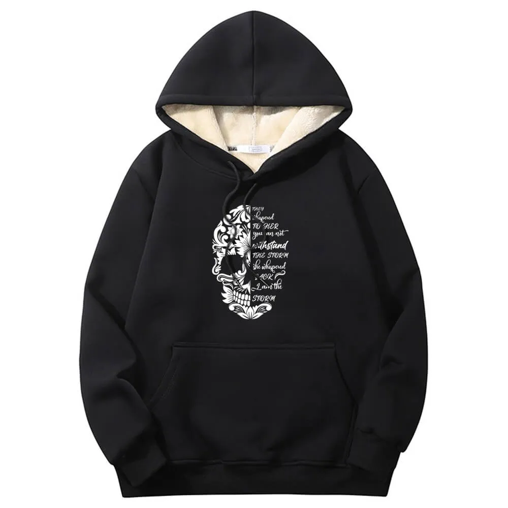 Flower Pattern Half Skull Head Crew Collar Fleece Sherpa Hoodie