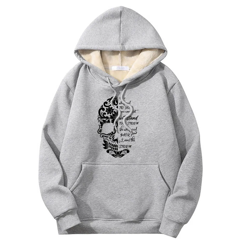 Flower Pattern Half Skull Head Crew Collar Fleece Sherpa Hoodie