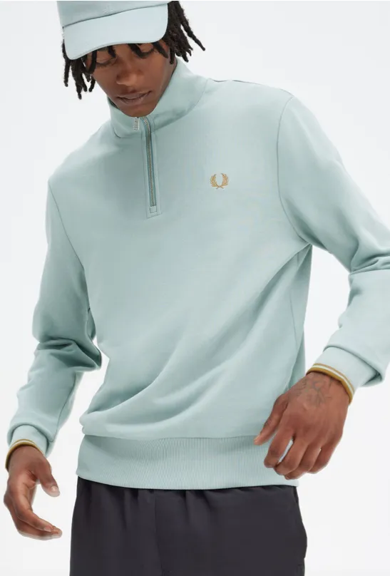 Fred Perry Half Zip Sweat Shirt/Silver Blue/Dark Caramel - New HS24