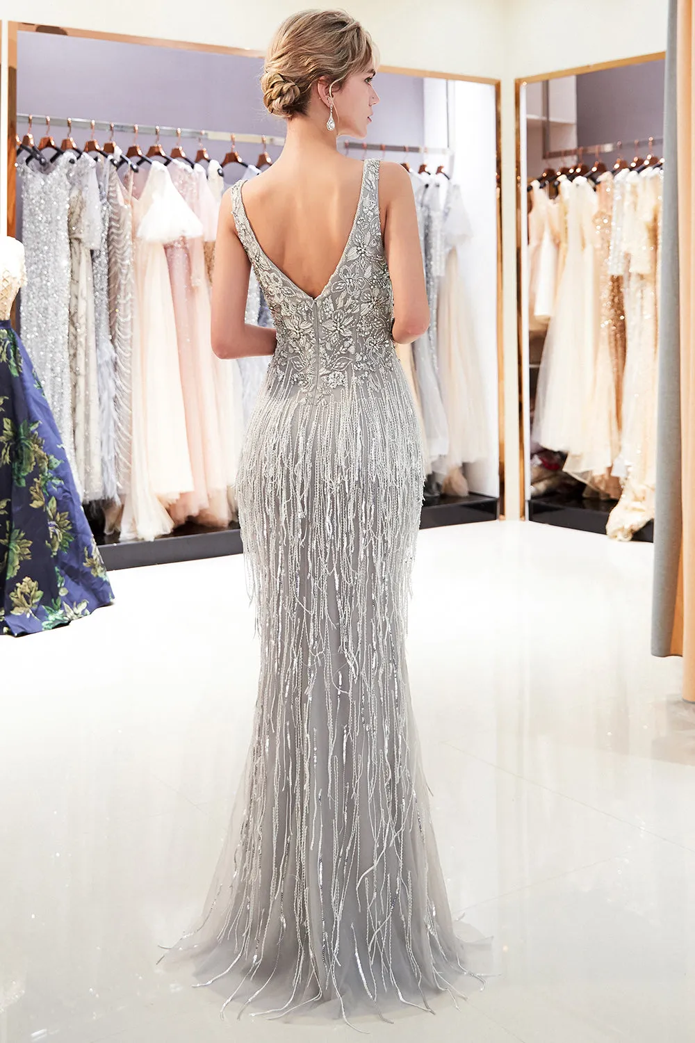 Glamorous V-Neck Sleeveless Mermaid Prom Dresses | Long Sequins Evening Gown With Tassels