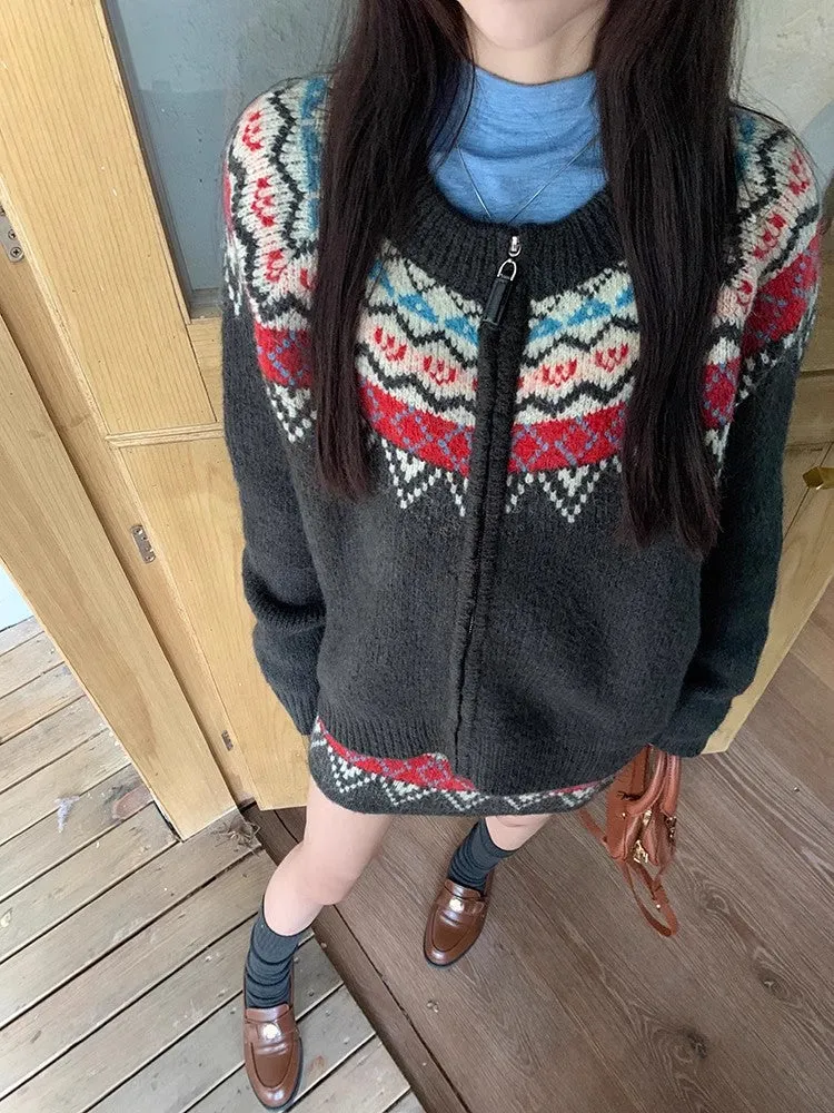 jacquard round neck long-sleeved sweater jacket   knitted skirt two-piece set     S4746