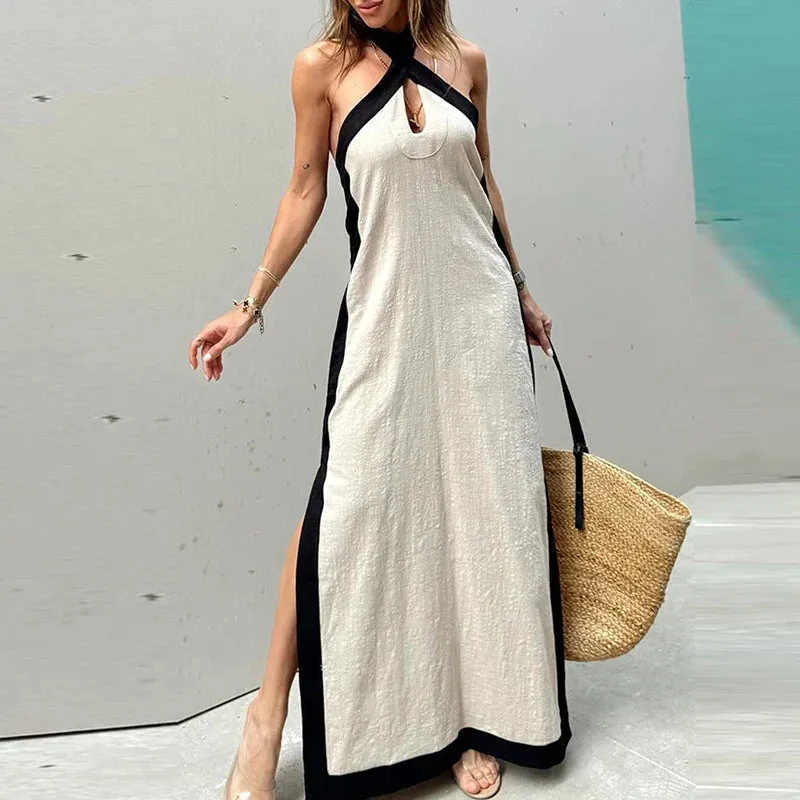 Lady Backless Party Dress Cotton Linen Maxi Cross Halter Sleeveless Elegant Elegant Dress