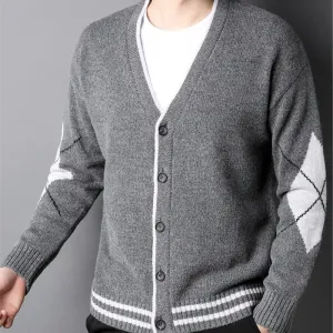 Mens V Neck Cardigan with Criss Cross Elbow Patch