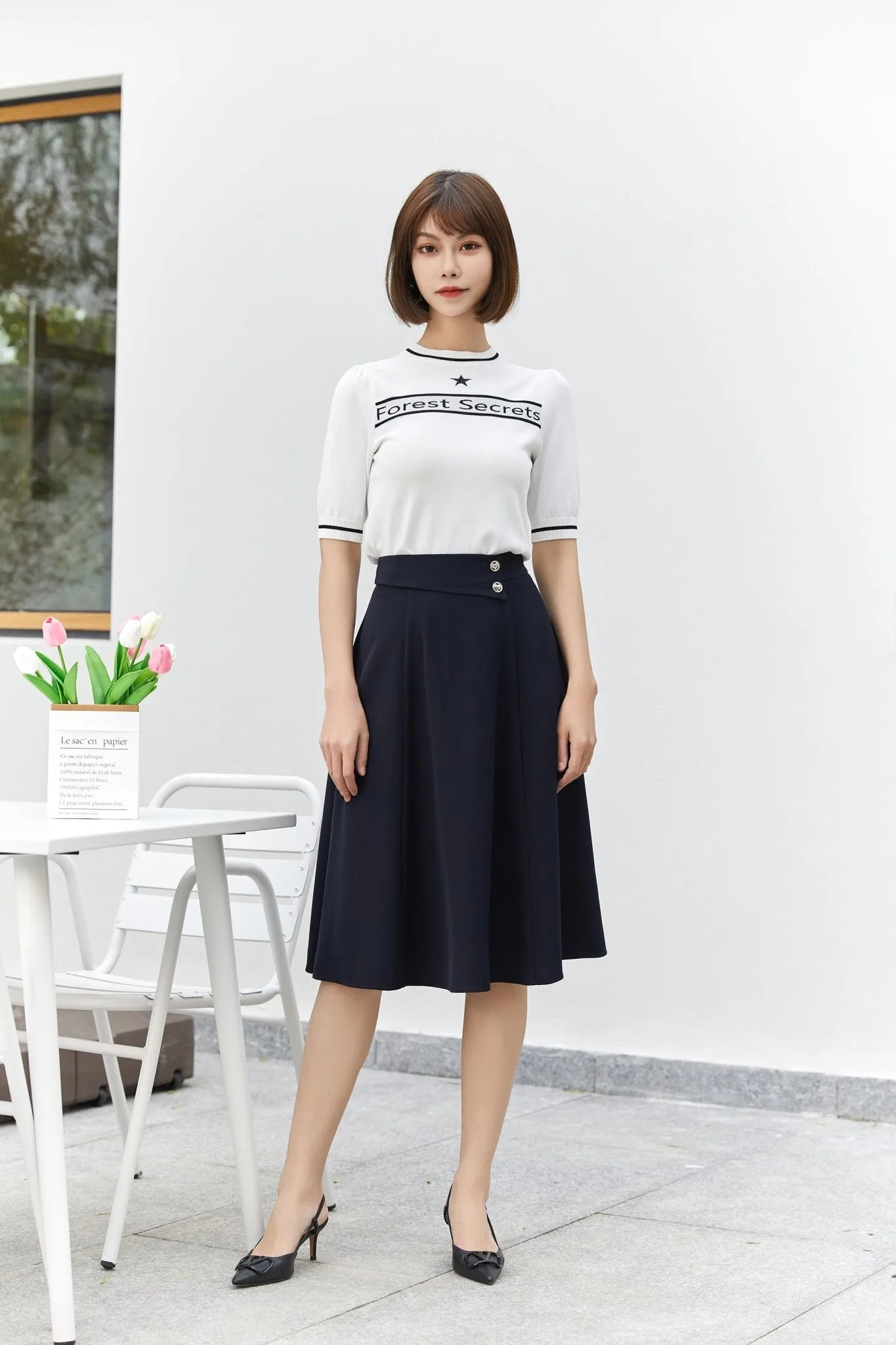 Navy Blue High Waist Flare A-Line Midi Skirt