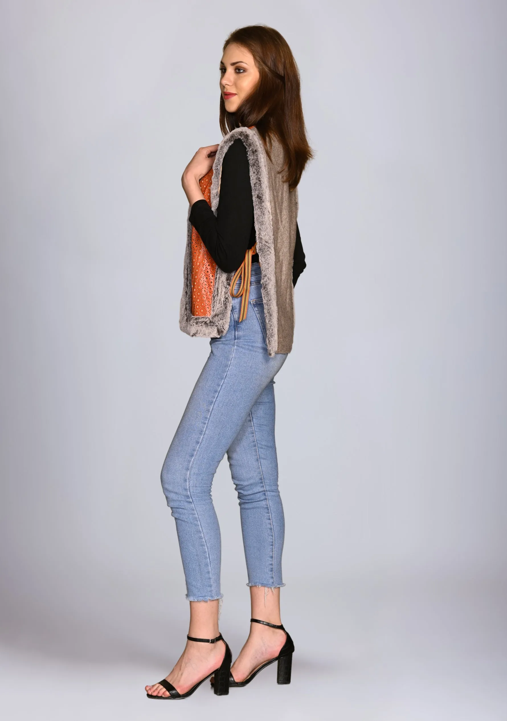 Orange Faux Leather and Taupe Melange Knitted Fine Wool Open Sleeveless Jacket with Taupe Faux Fur Neck and Border