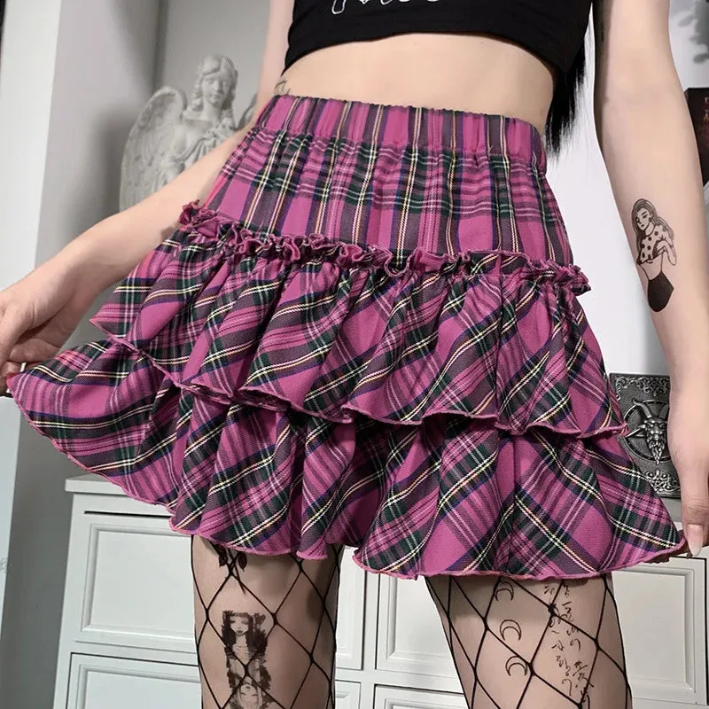 Pink Plaid College Waist Japanese Slim High Girl Youth Skirt