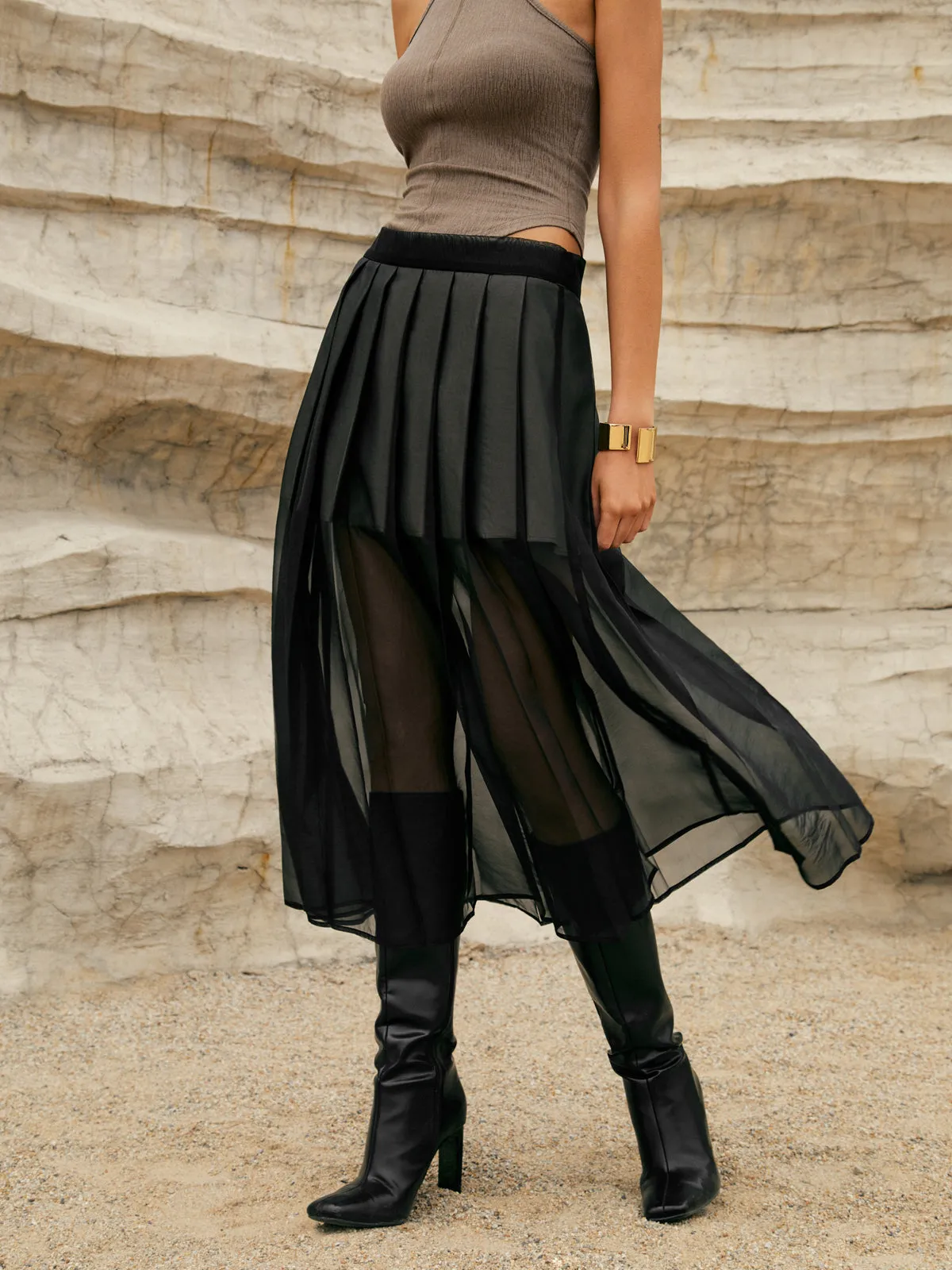 Pleated Double-Layered Graceful Mesh Midi Skirt