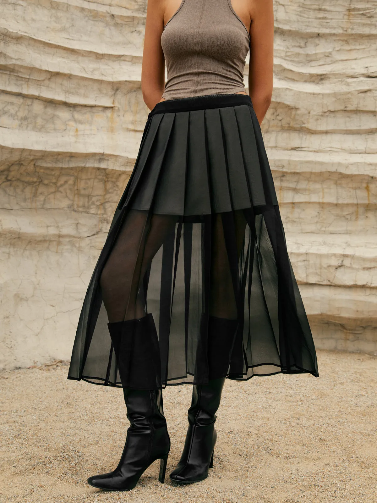 Pleated Double-Layered Graceful Mesh Midi Skirt