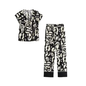 Pre Order:  Printed V-neck Buckle Embellishment Top   Straight Pants