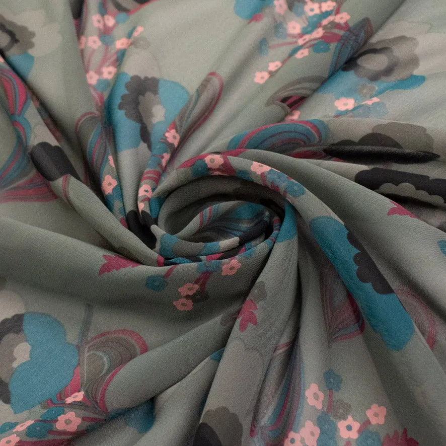 Printed Chiffon Design-249 Pink & Blue Floral on Grey