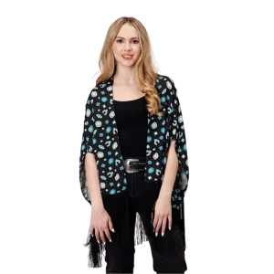 Roper Women's Print Woven Fringe Black Cardigan