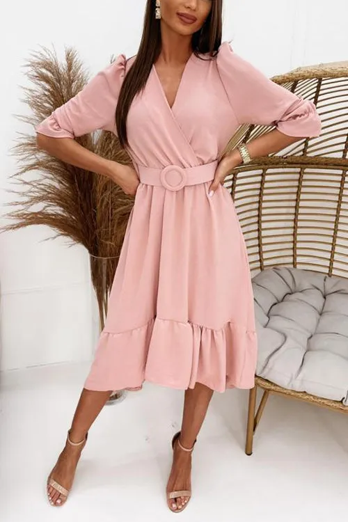 Ruffles V Neck Half Sleeve Dress