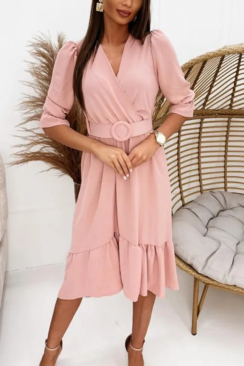 Ruffles V Neck Half Sleeve Dress