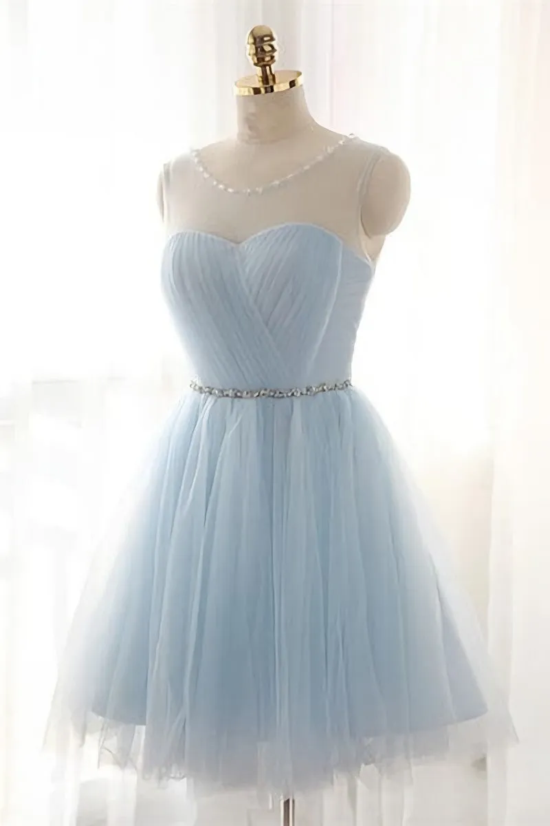 Simple Light Blue Short Tulle Elegant Charming Homecoming Dresses