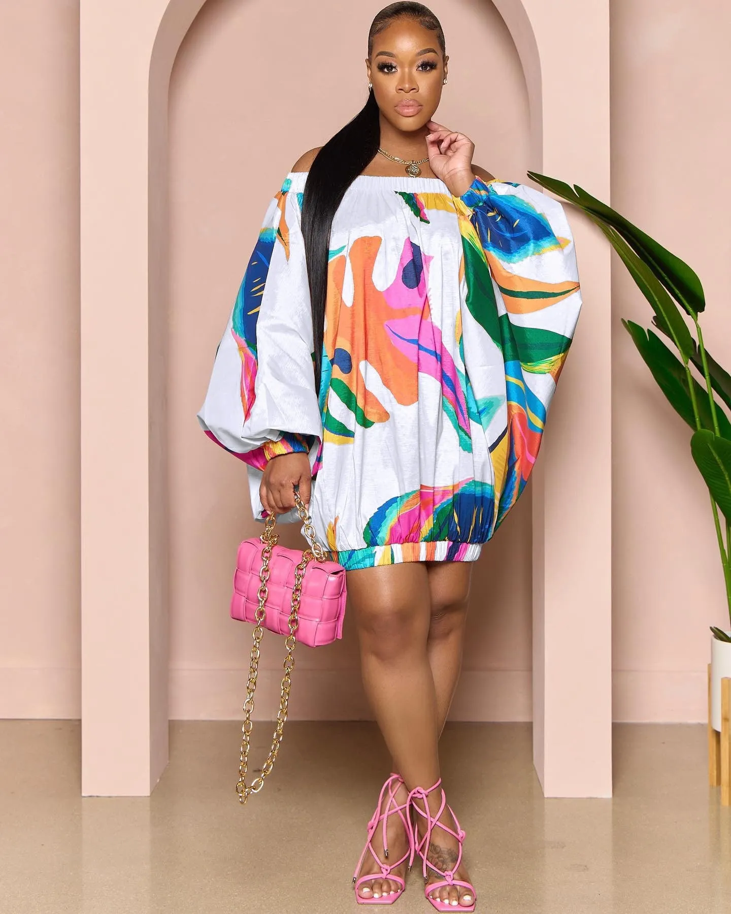 TEEK - Off Shoulder Gorg Print Lantern Dresses