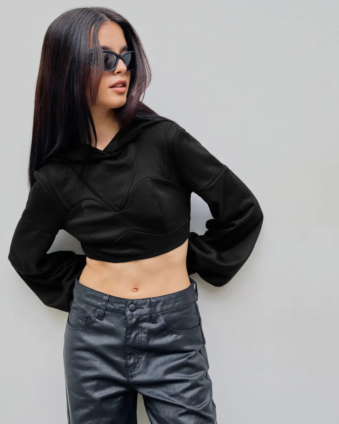 Terry Solid Crop Hoodie In Black