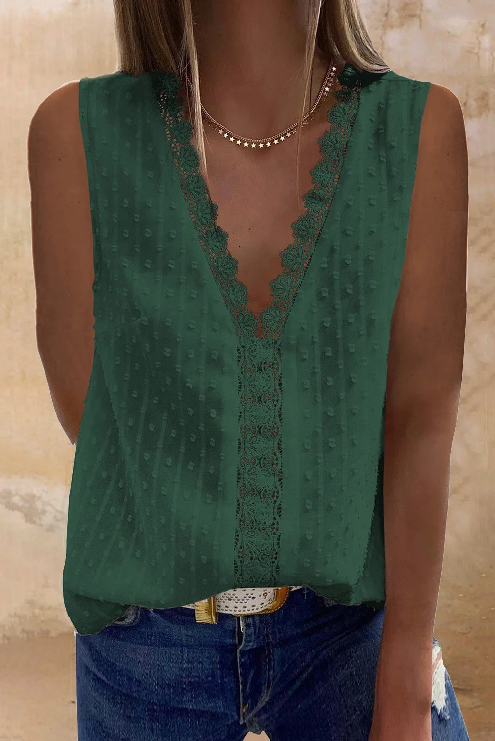 Textured Swiss Dot V Neck Lace Tank Top