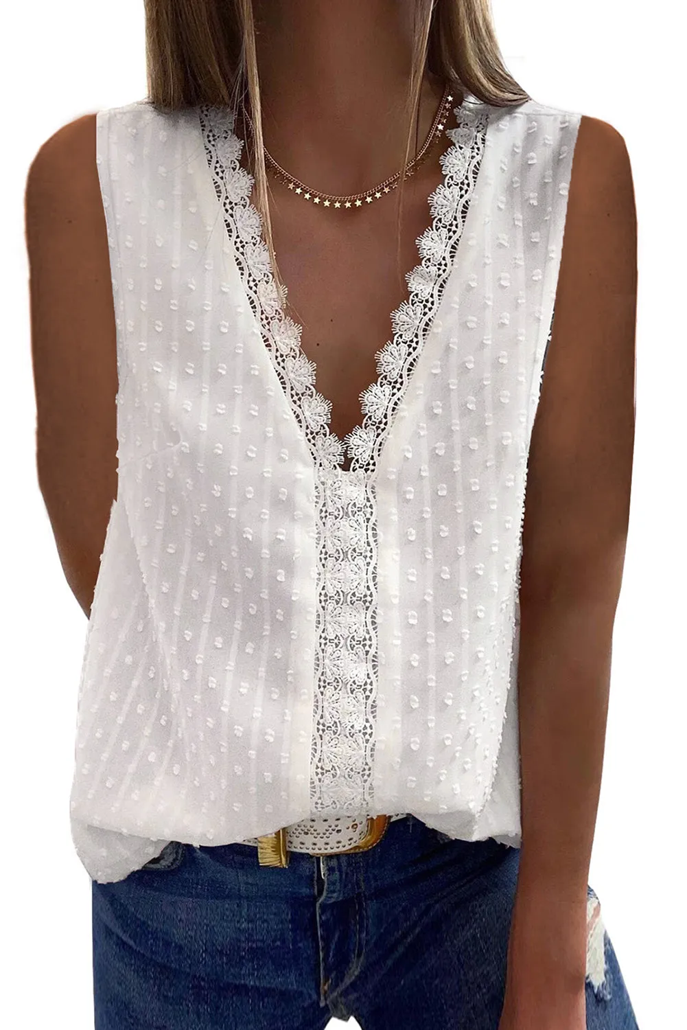 Textured Swiss Dot V Neck Lace Tank Top