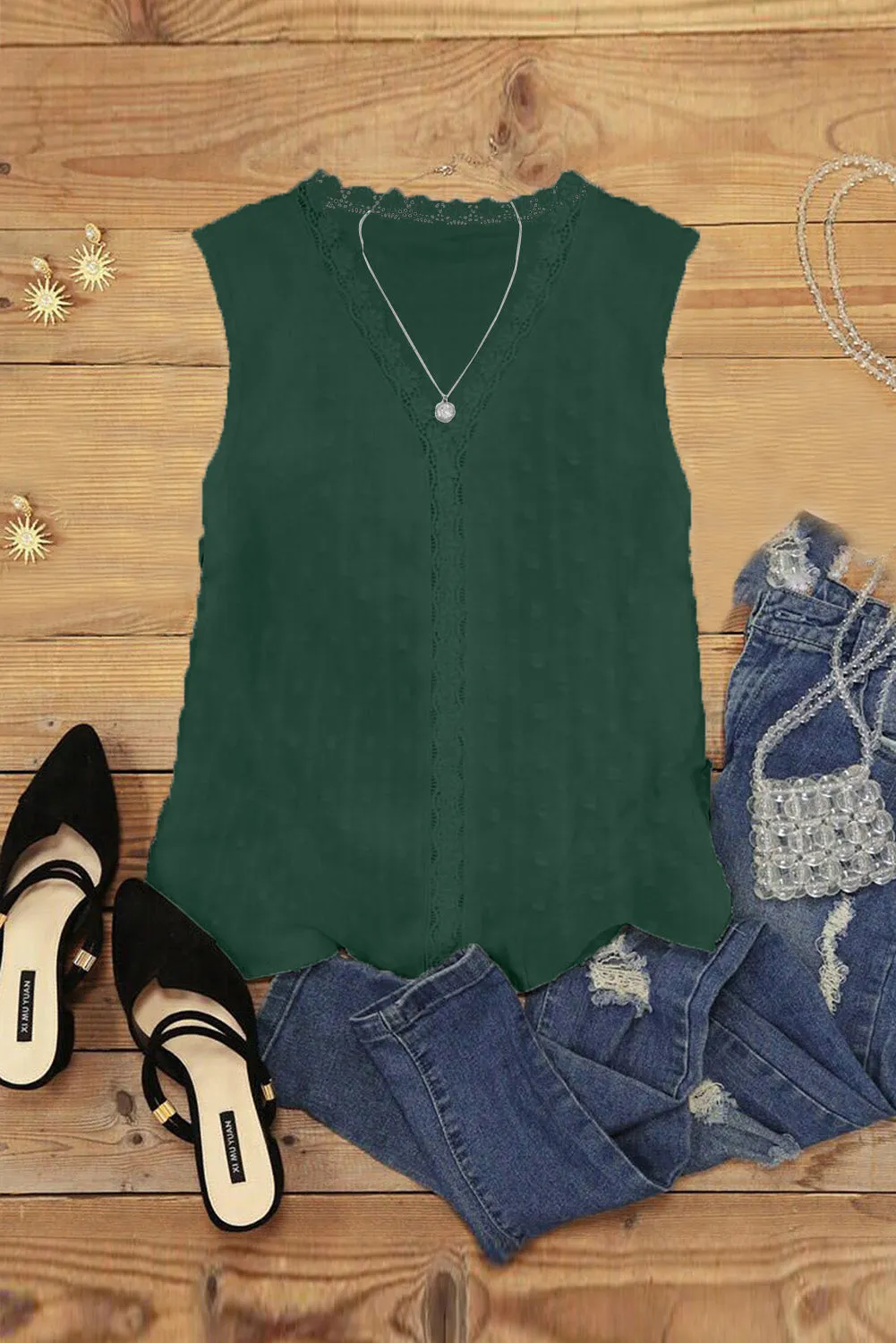 Textured Swiss Dot V Neck Lace Tank Top