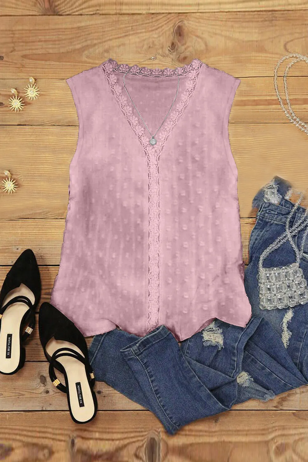 Textured Swiss Dot V Neck Lace Tank Top