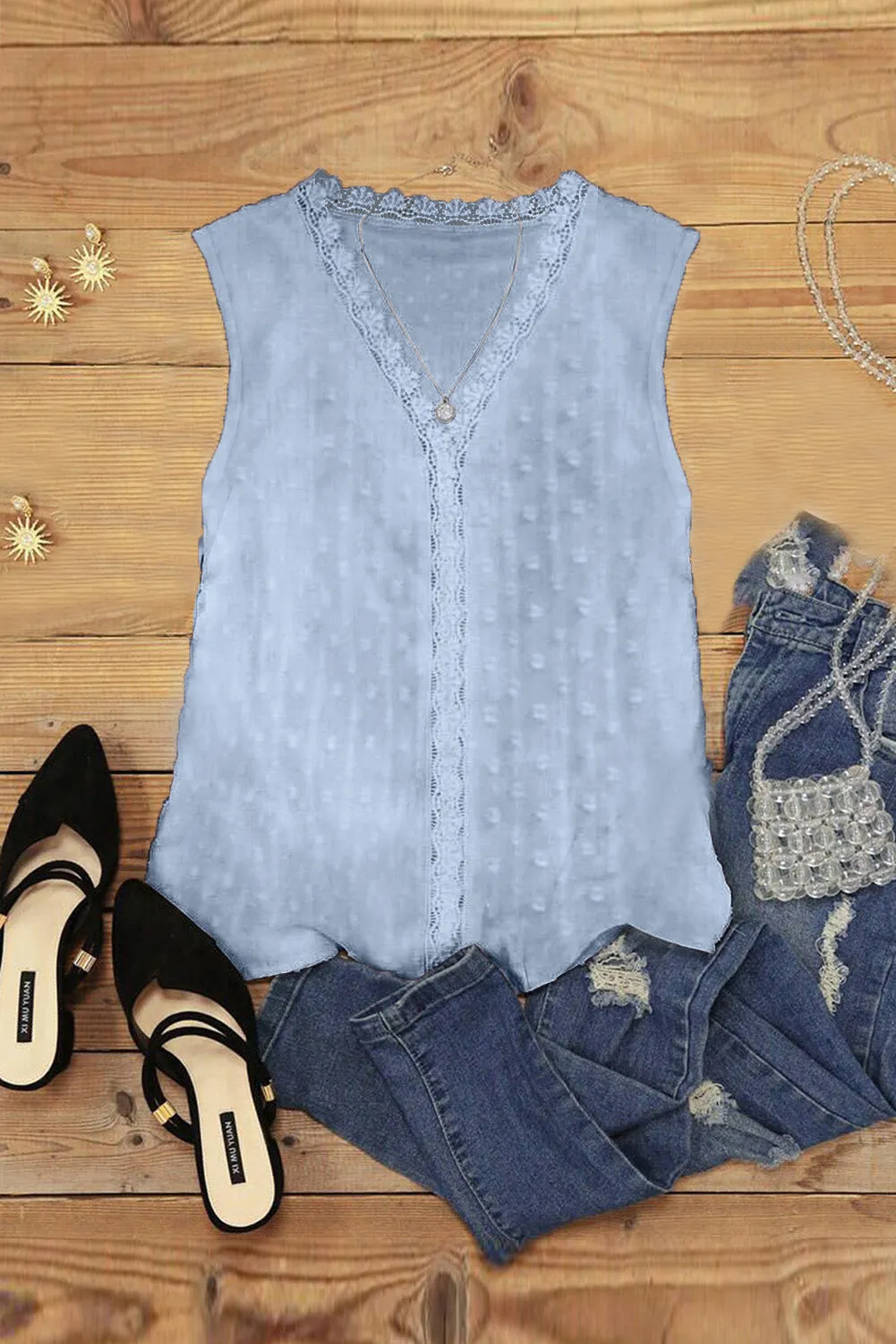 Textured Swiss Dot V Neck Lace Tank Top